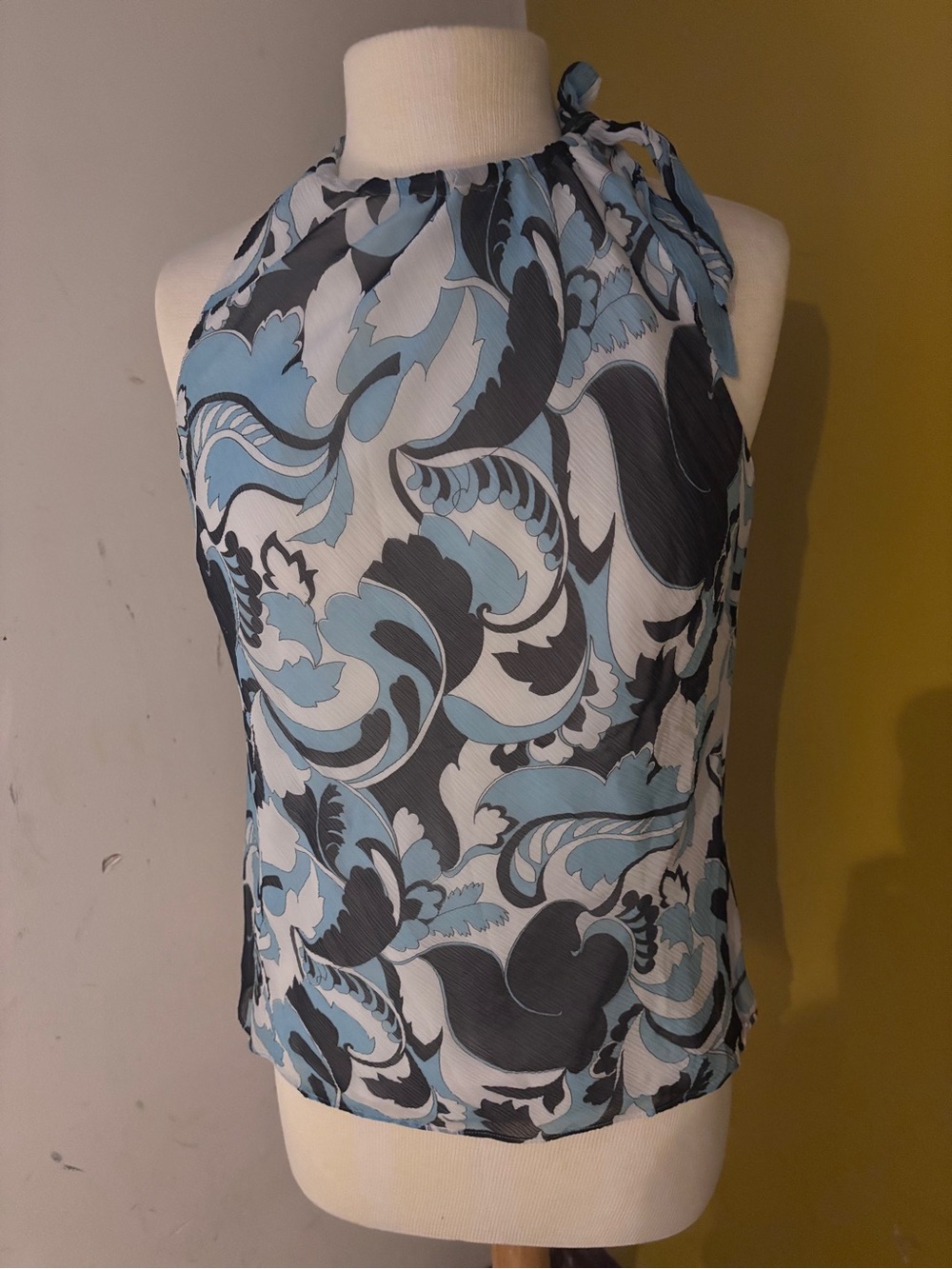 Ann Taylor Sleeveless Halter Top in Light Blue, Black & White 100% Silk - Picture 2 of 3